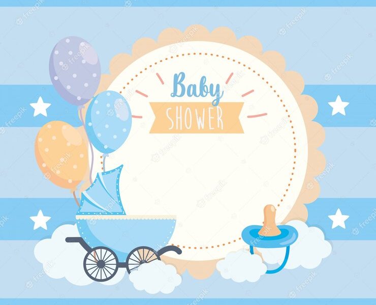 Label of balloons and pacifier with carriage decoration Free Vector