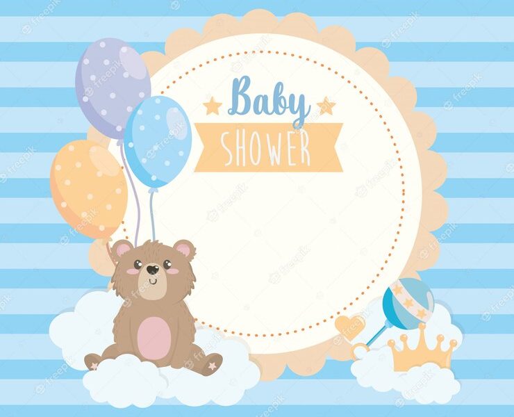 Label of teddy bear with ballons and clouds Free Vector