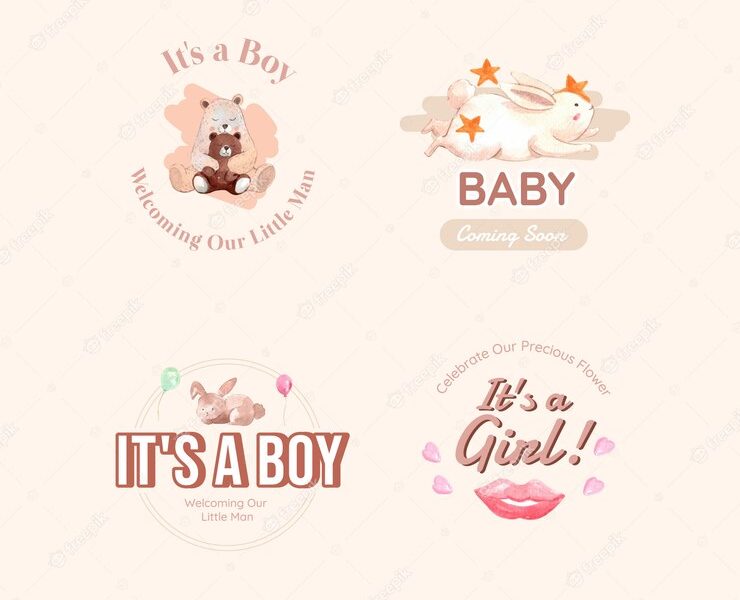 Logo with baby shower design concept for brand and marketing watercolor vector illustration. Free Vector