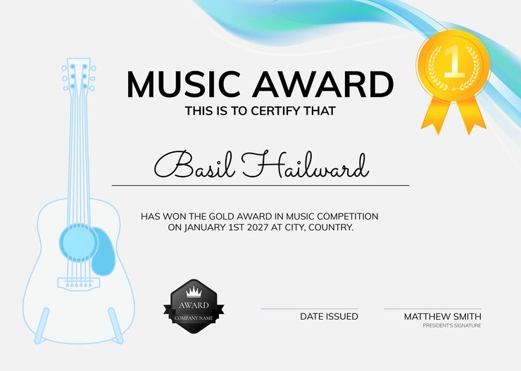 Music Award Certificate Template Psd With Guitar Illustration Minimal Design 53876 123381