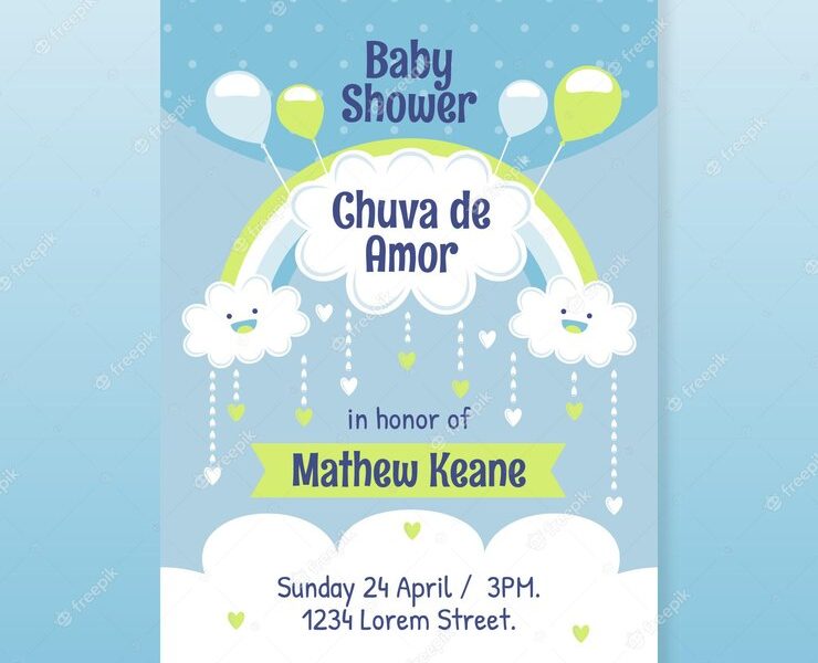 Organic flat pretty chuva de amor baby shower invitation Free Vector