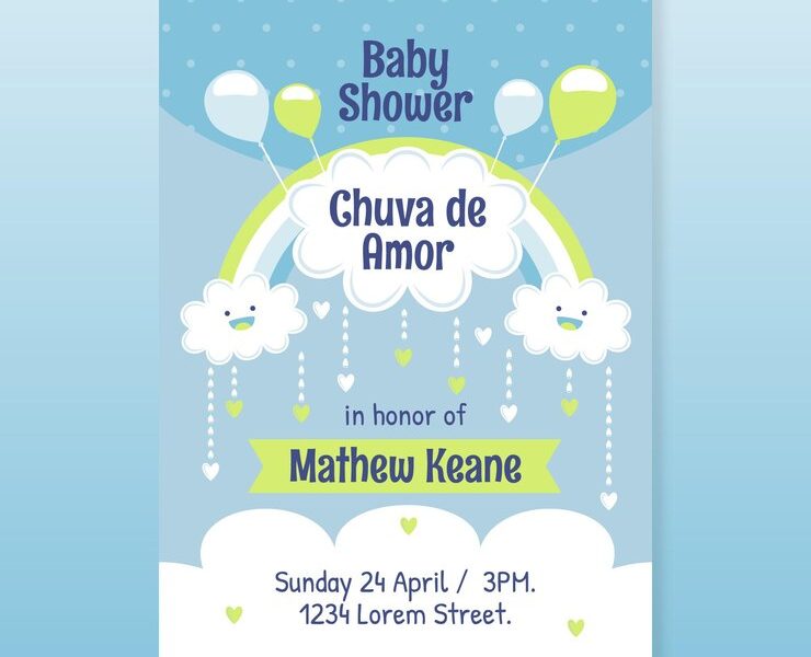 Organic flat pretty chuva de amor baby shower invitation Free Vector