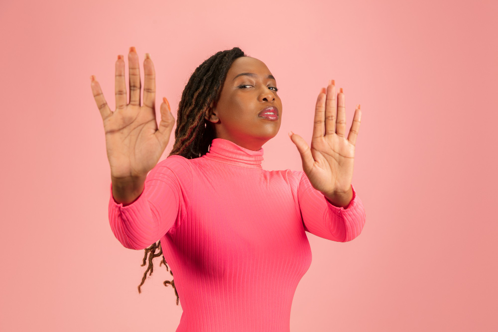 Portrait Young African American Woman Isolated Pink Studio Facial Expression