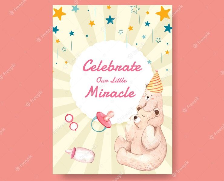 Poster template with baby shower design concept for advertise and marketing watercolor vector illustration. Free Vector