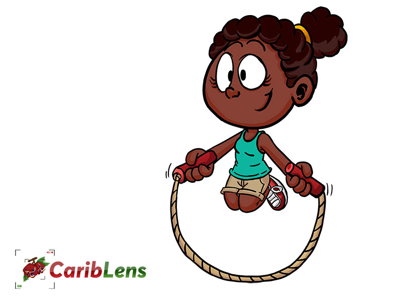 Cartoon African American black girl playing jump rope are skipping