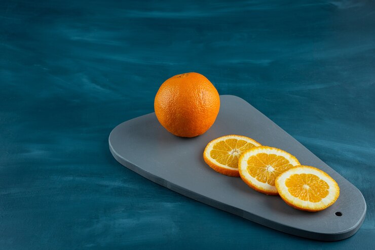 Wooden Board Sliced Juicy Oranges Blue Surface 2831 8988
