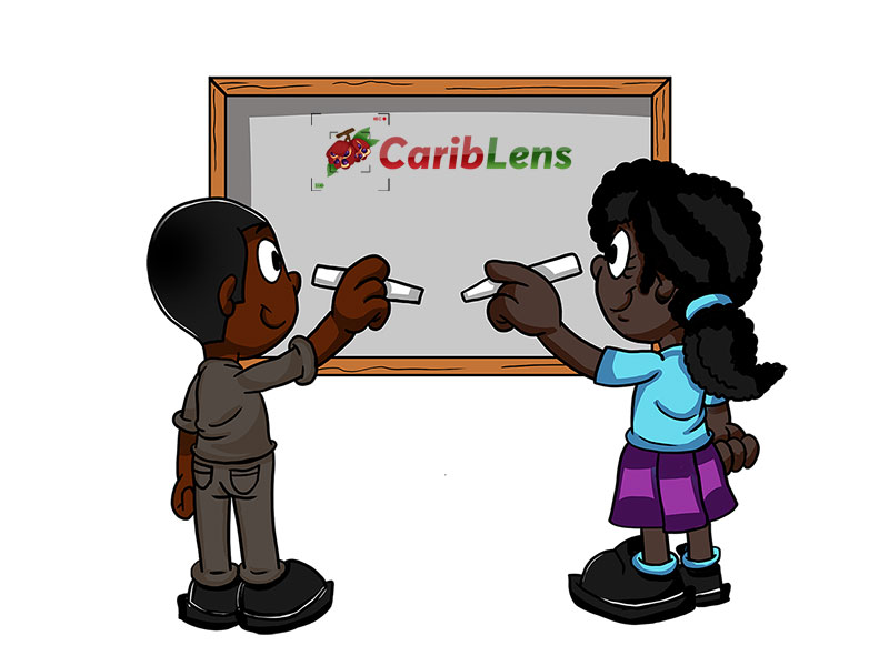 2 cartoon African American children writing on a black board in class