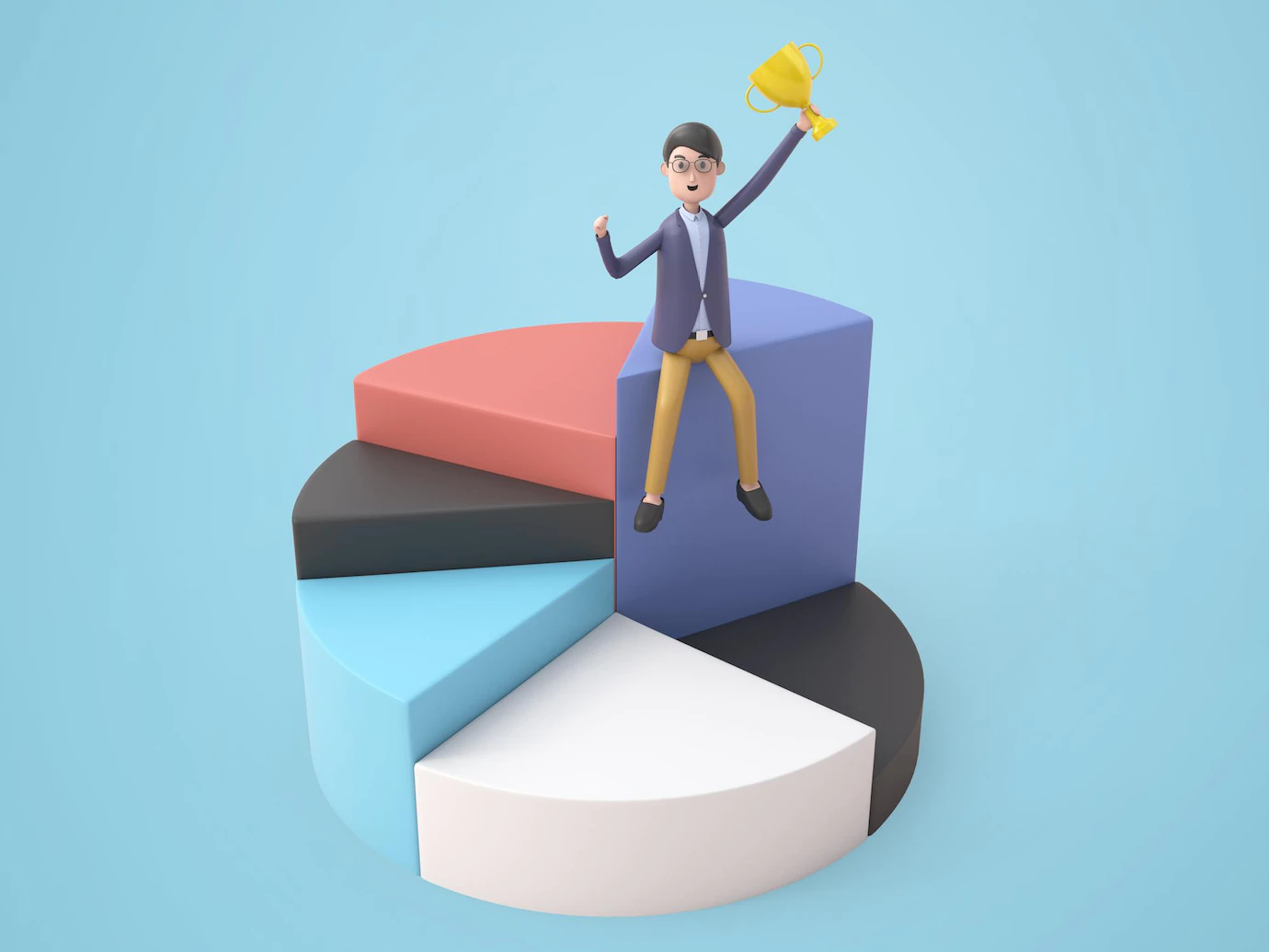 3d Illustration Young Businessman Sits Holding Trophy Hight Pie Chart 1150 53803