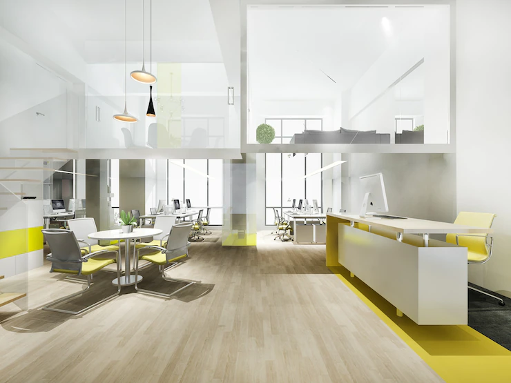3d Rendering Business Meeting Yellow Working Room With Stair 105762 1996