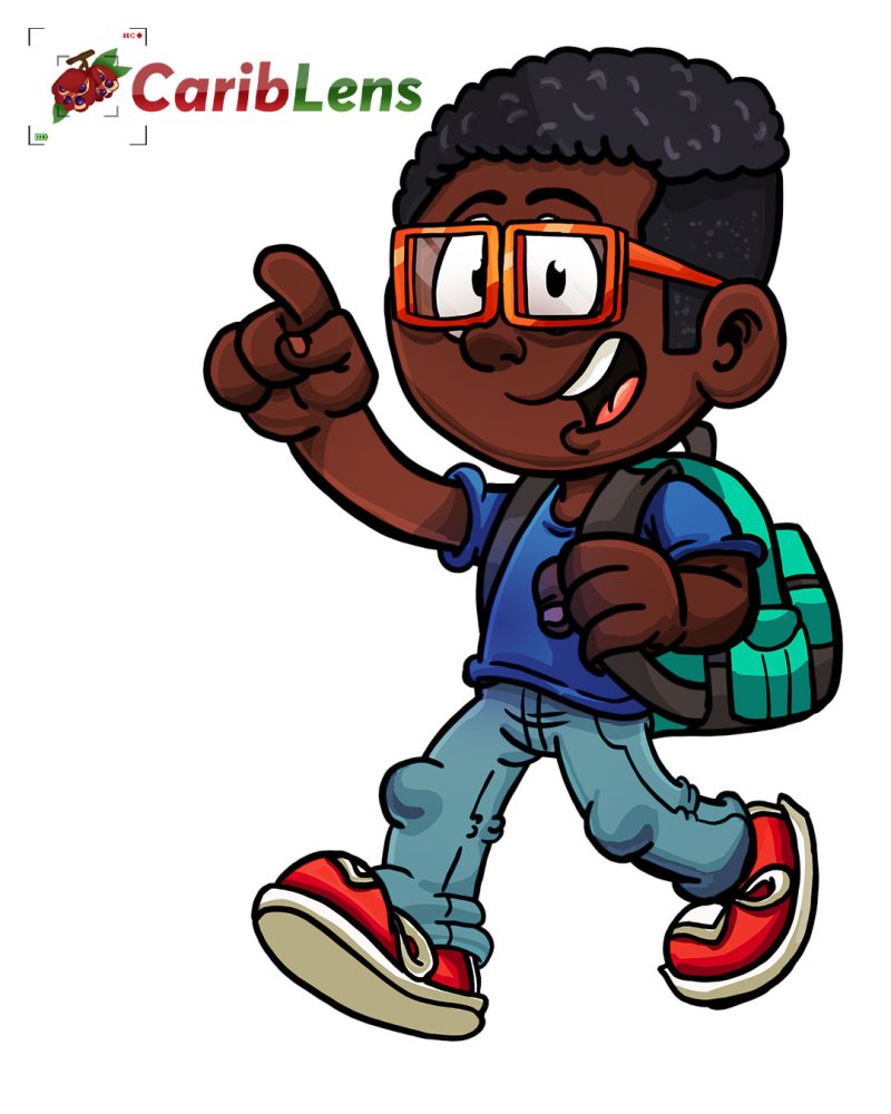 Cartoon African American black boy walking to school free image or illustration