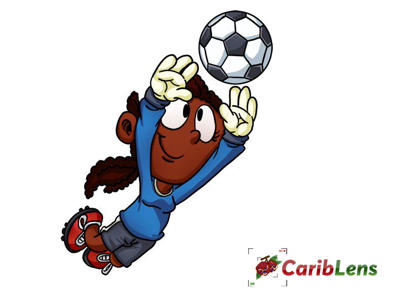 Cartoon African American black football or soccer goal keeper playing football
