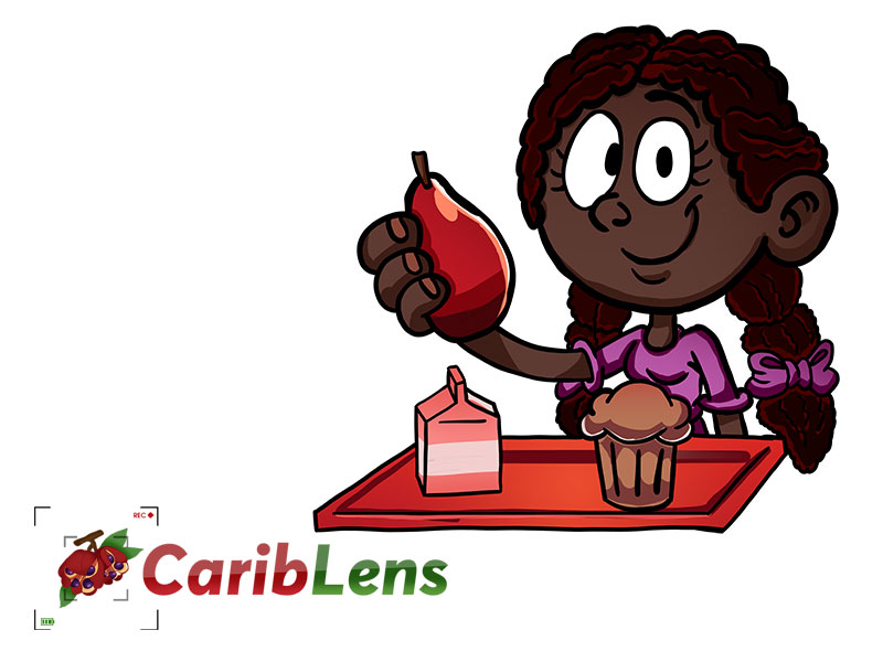 Cartoon African American Black Girl Holding Apple In Her Hand At Lunch Table Free Illustration