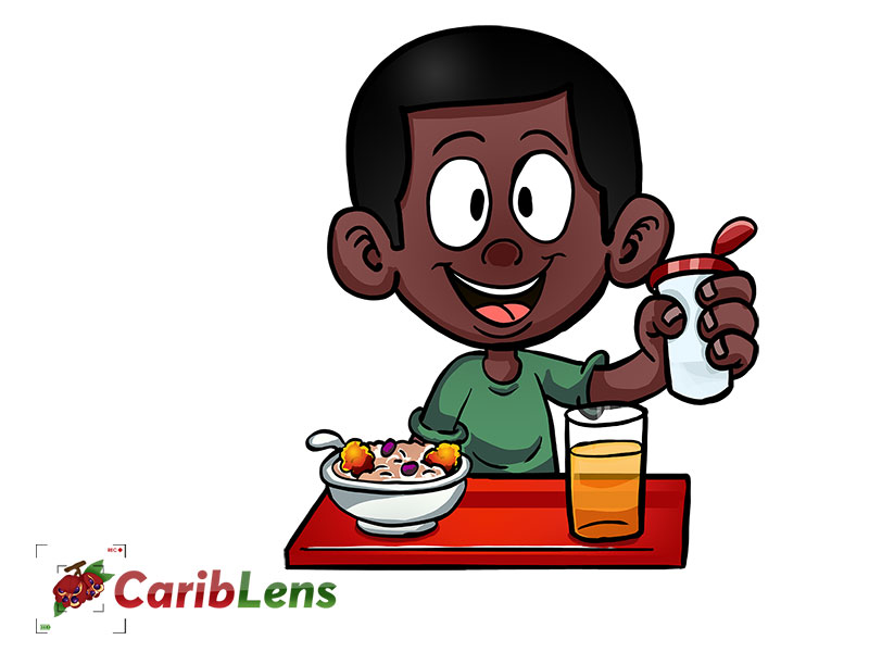 Cartoon African American Black School Boy Having Lunch Free Illustration Copy