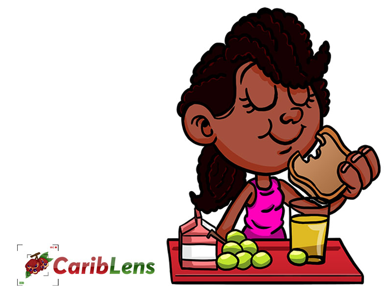 Cartoon African American black school girl having lunch – free photo
