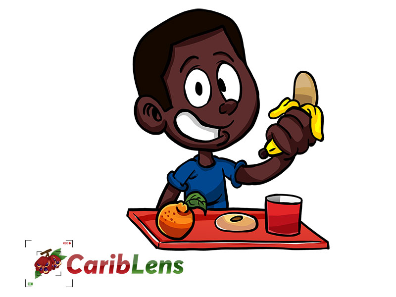 Cartoon African American black school boy having lunch – free photo