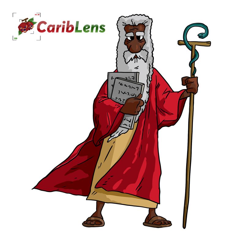Cartoon African black Moses standing with ten (10) commandments and staff