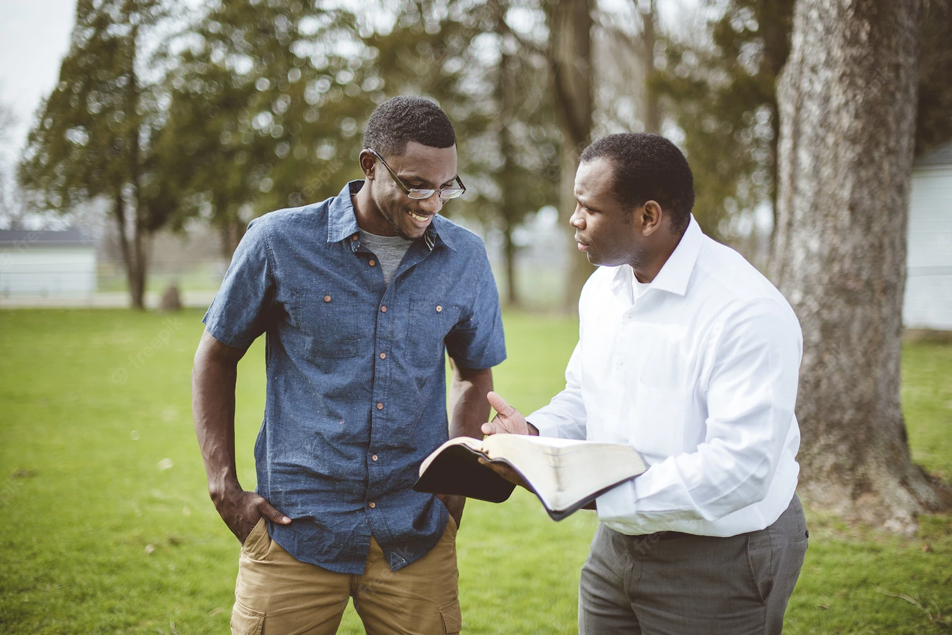 African American Male Friends Standing Park Discussing Bible 181624 21220