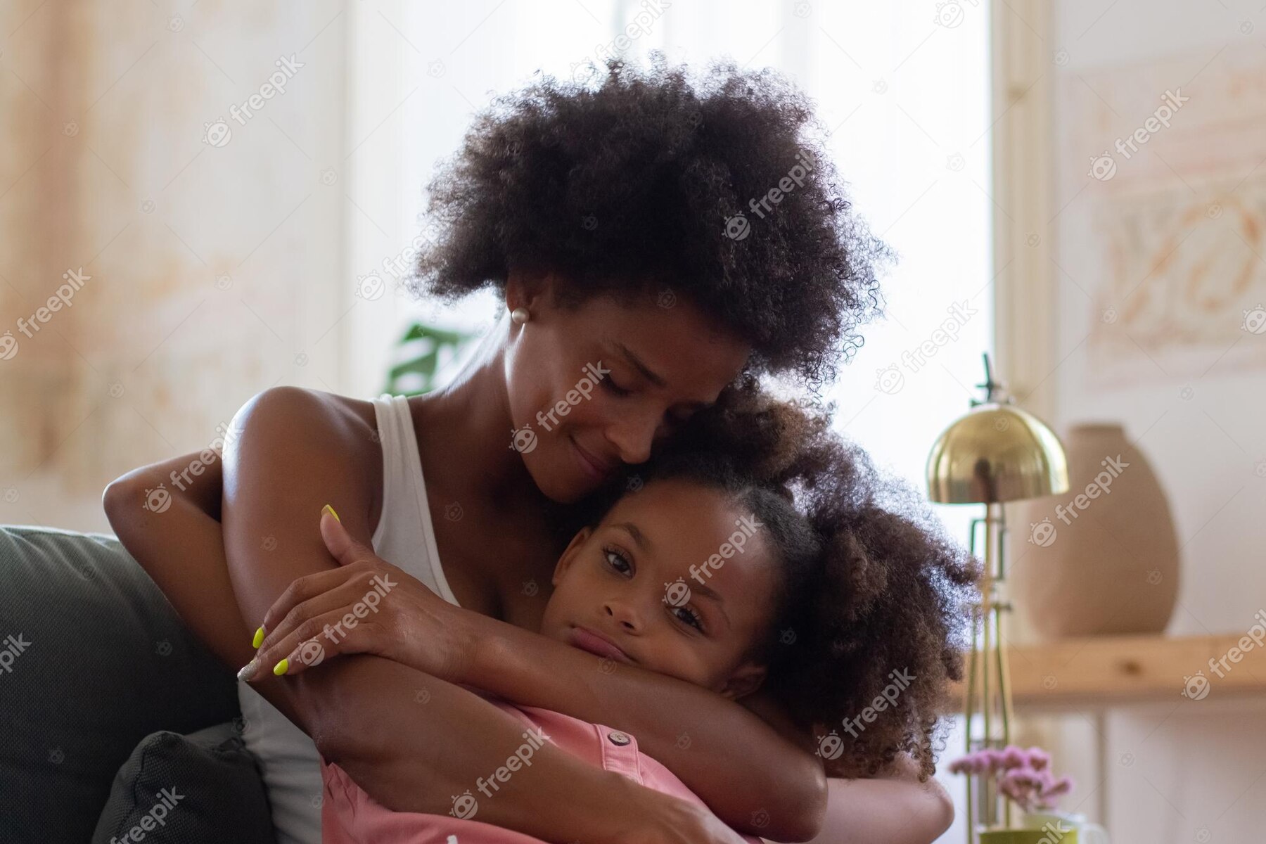 African American Mother Daughter Hugging Lovingly Woman Girl Casual Clothes Holding Each Other Coach Love Family Bonding Concept 74855 22124