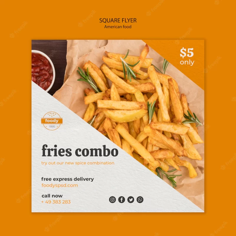 American fast food and fries combo square flyer Free Psd