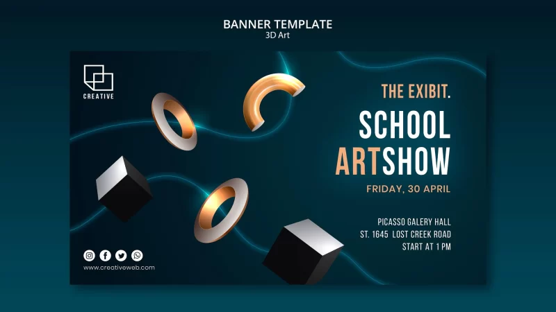 Banner template for art exhibition with creative three-dimensional shapes Free Psd