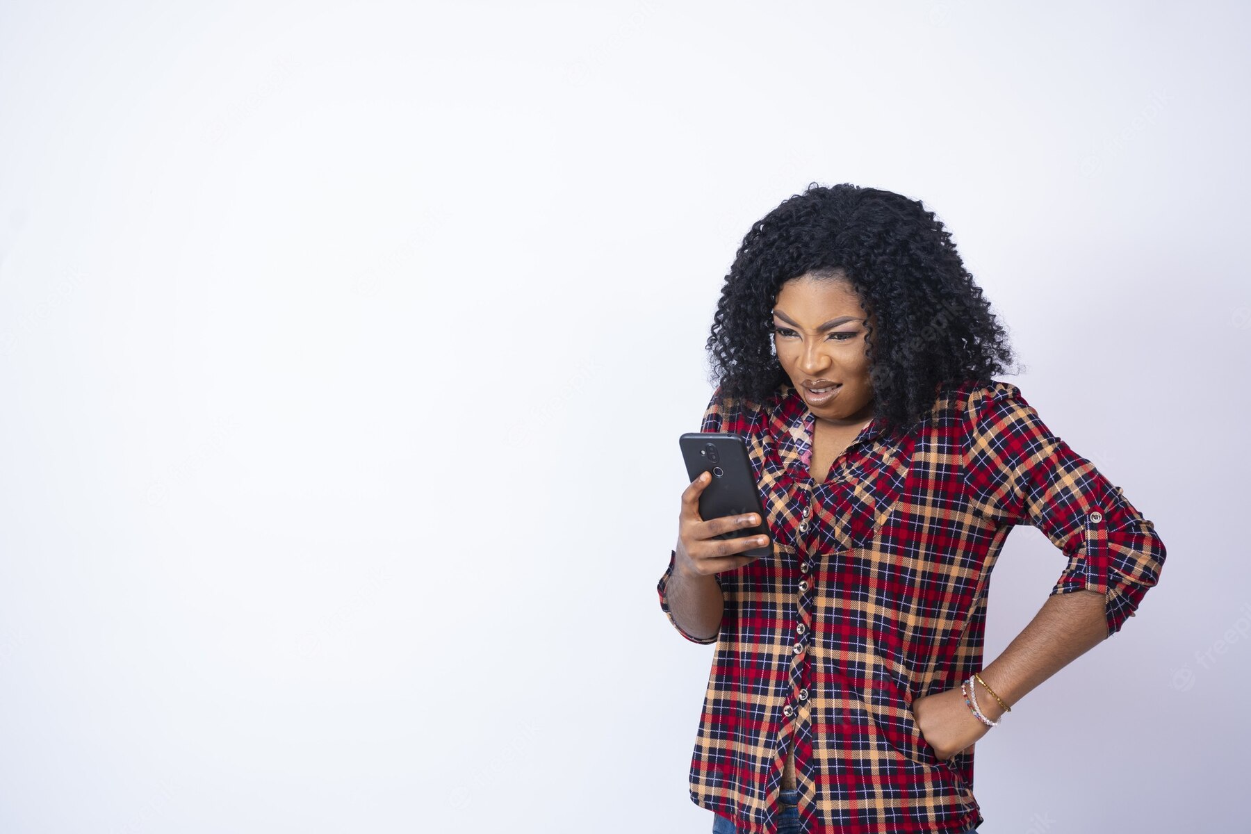 Beautiful Black Woman Looking Her Phone Disappointed 181624 45649