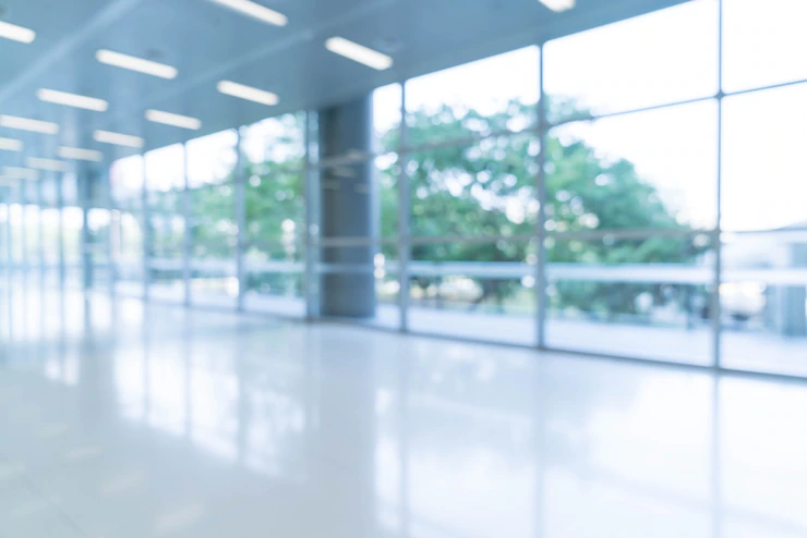 Blurred Abstract Background Interior View Looking Out Toward Empty Office Lobby Entrance Doors Glass Curtain Wall With Frame 1339 6368