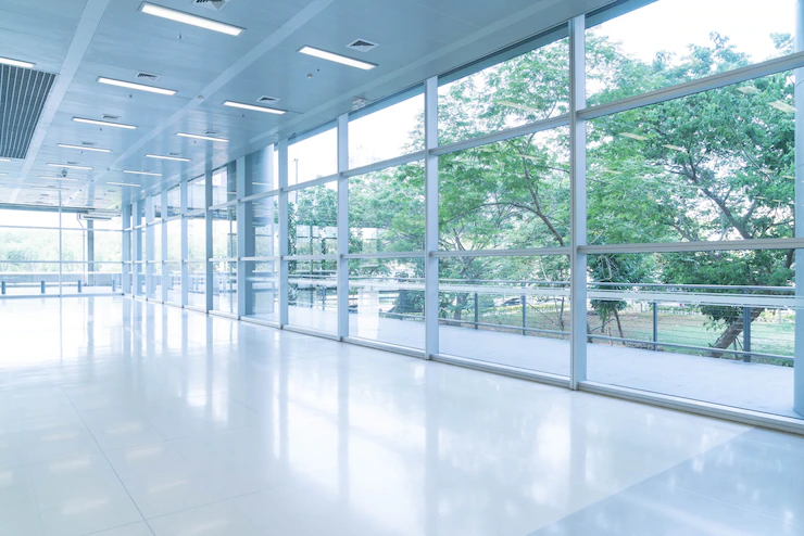 Blurred Abstract Background Interior View Looking Out Toward Empty Office Lobby Entrance Doors Glass Curtain Wall With Frame 1339 6370