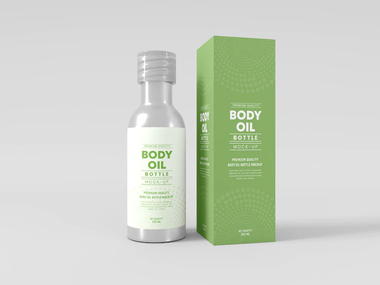 Body oil bottle and packaging mockup Free Psd