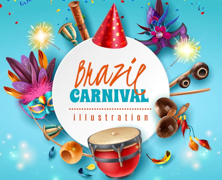 Brasil carnaval celebration festive accessories round frame with sparkling lights party hats masks musical instruments vector illustration Free Vector