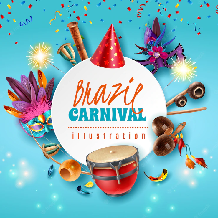 Brasil Carnaval Celebration Festive Accessories Round Frame With Sparkling Lights Party Hats Masks Musical Instruments Vector Illustration 1284 30343