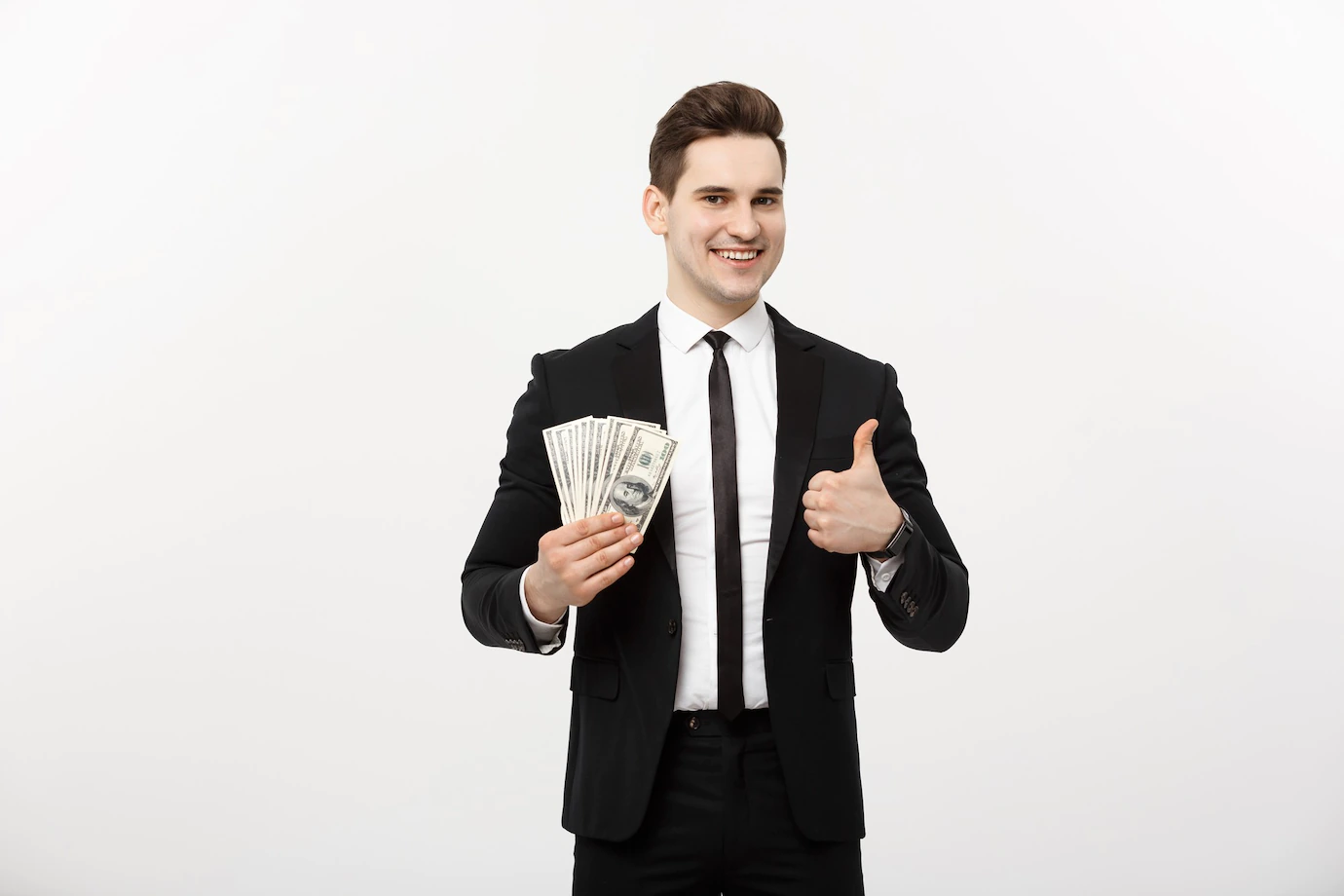 Business Concept Successful Businessman Holding Dollar Bills Showing Thumb Up Isolated White Background 1258 80210