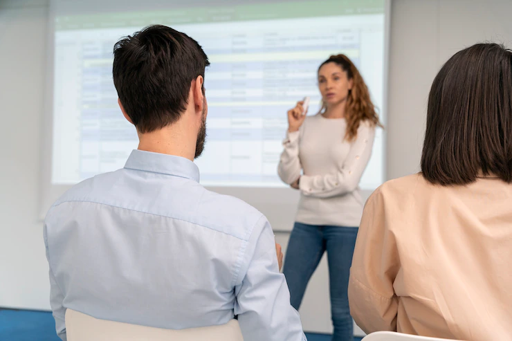Business Woman Holding Presentation Office Her Colleagues 23 2149206564