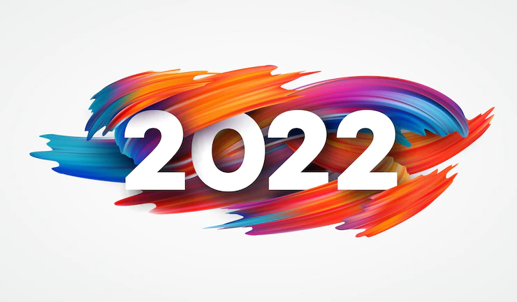 Calendar header 2022 number on colorful abstract color paint brush strokes. happy 2022 new year colorful background. Free Vector