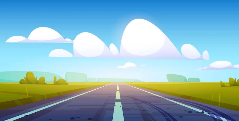 Car road in fields with green grass and forest on horizon. vector cartoon illustration of summer countryside landscape with meadows, clouds in blue sky and highway with tire tracks on asphalt Free Vector