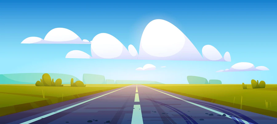 Car Road Fields With Green Grass Forest Horizon Vector Cartoon Illustration Summer Countryside Landscape With Meadows Clouds Blue Sky Highway With Tire Tracks Asphalt 107791 7962