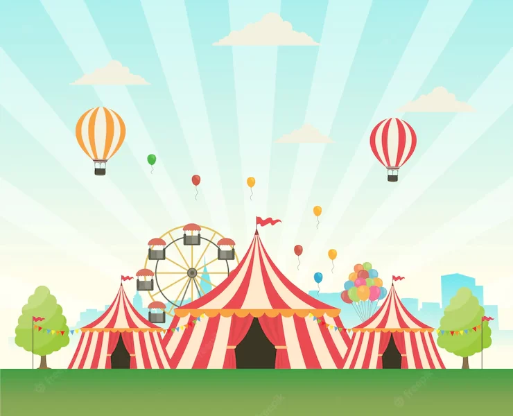 Carnival background design with tents and balloons Free Vector