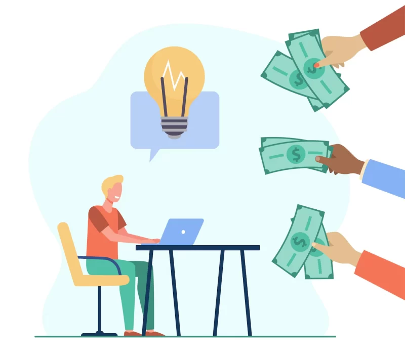 Cheerful guy earning money for his idea Free Vector