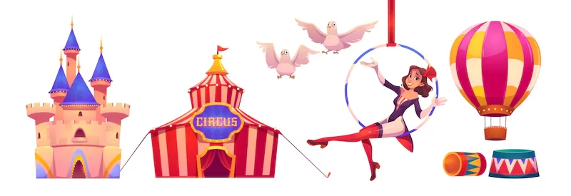 Circus stuff and artist big top tent, air gymnast Free Vector