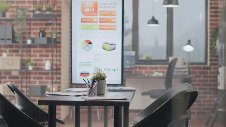 Close Up Empty Business Space With Conference Desk Briefing Meeting Nobody Startup Space With Technology Plan Project Presentation With Data Charts Analysis No People 482257 33711