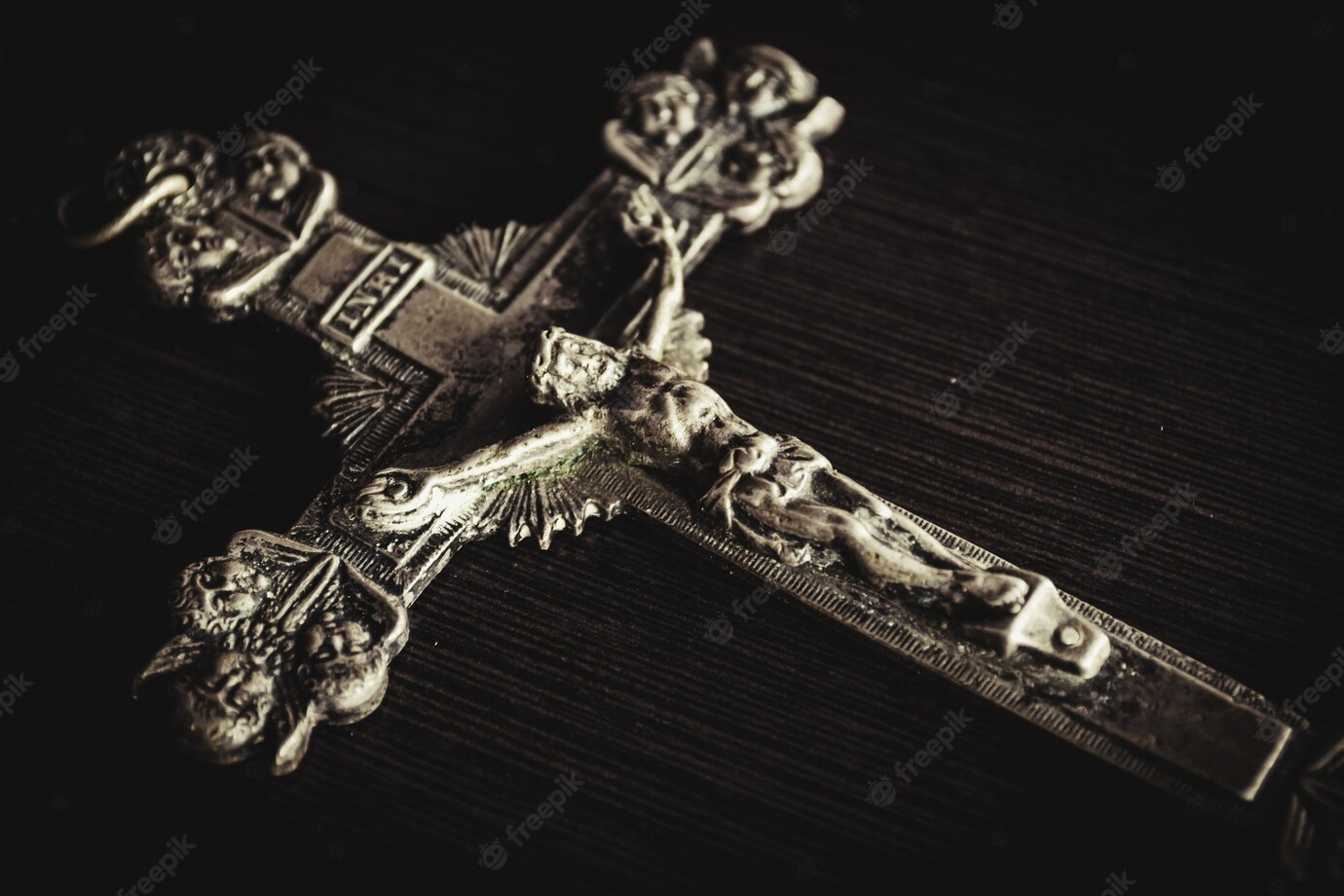 Closeup Shot Metal Cross Wooden Black Table 181624 27359