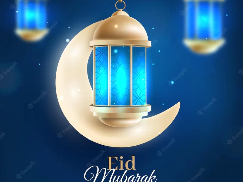 Crescent moon and blue light realistic eid mubarak Free Vector