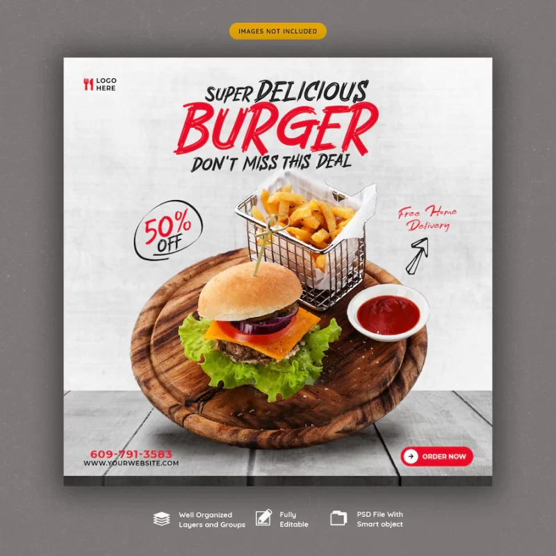 Delicious burger and food menu social media banner template Free Psd