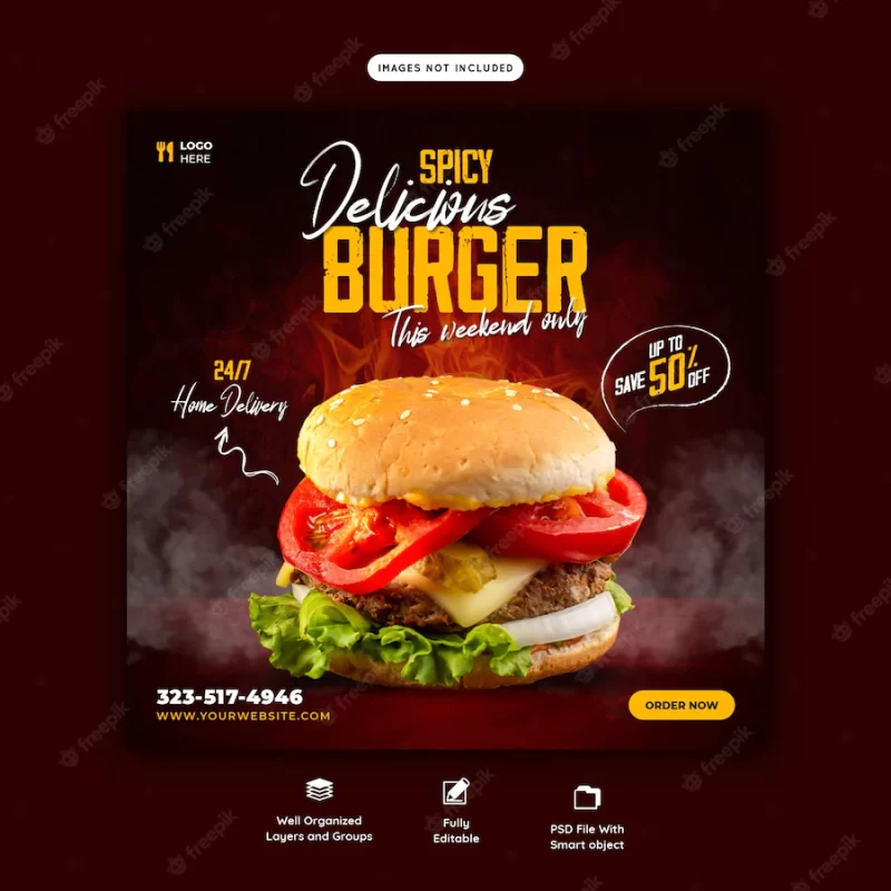 Delicious burger and food menu social media banner template Free Psd