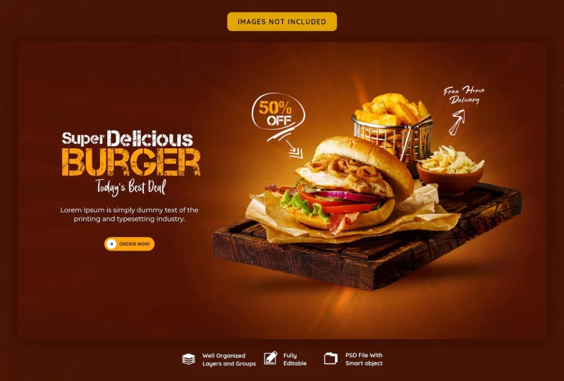 Delicious burger and food menu web banner template Free Psd