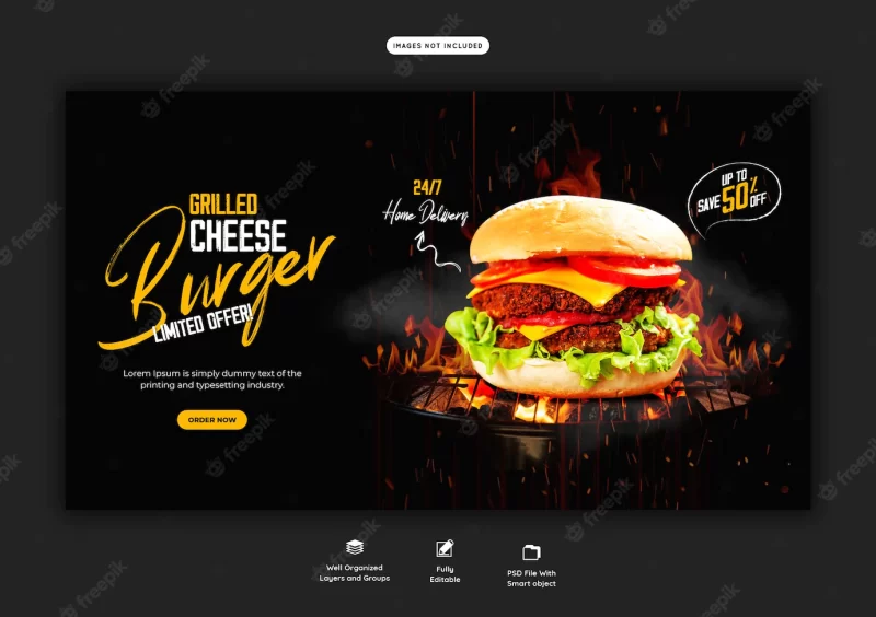 Delicious burger and food menu web banner template Free Psd