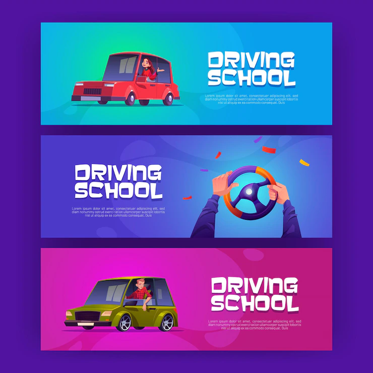 Driving School Posters With Man Woman Sitting Cars Vector Banners Education Test Driver License With Cartoon Illustration Happy People Vehicle Hands Steering Wheel 107791 10974