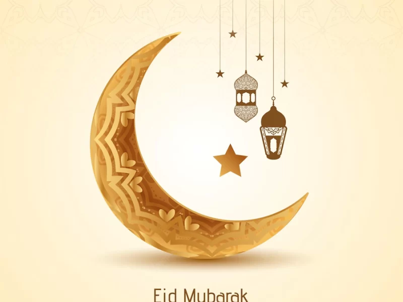 Eid mubarak festival golden crescent moon and lanterns background Free Vector