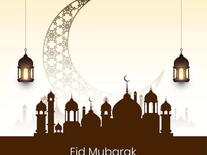 Eid mubarak festival mosque background with crescent moon Free Vector