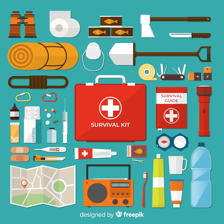 Emergency survival kit with flat design Free Vector