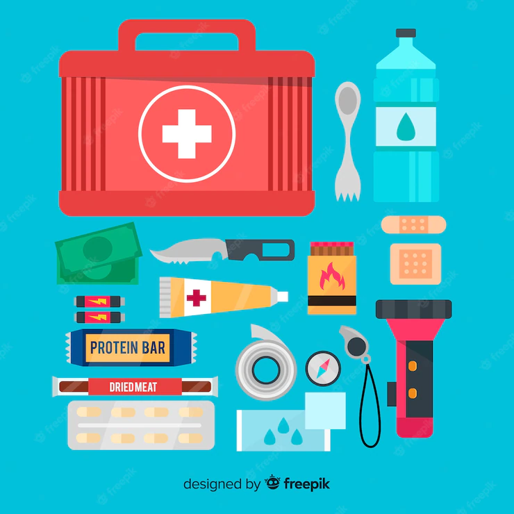 Emergency survival kit with flat design Free Vector